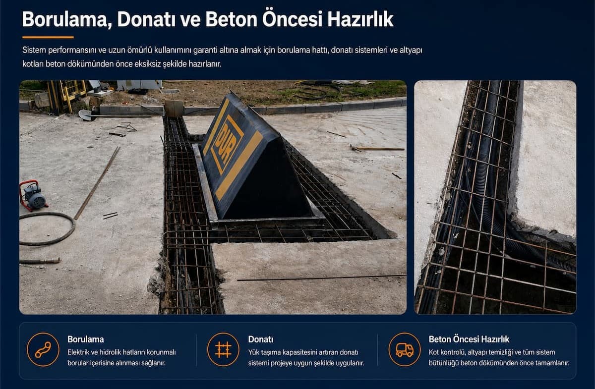 Road blocker revizyonunda hidrolik ve elektrik borulaması, demir donatı ve beton &ouml;ncesi altyapı hazırlığı